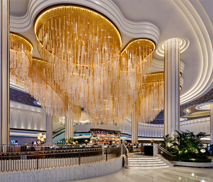 Grand chandelier above the Bleau bar with railing