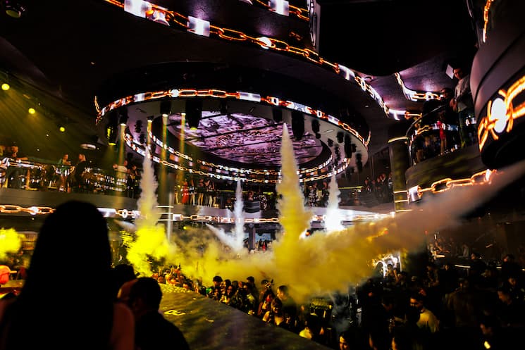 LIV Nightclub LED halo over a crowd with fog machine